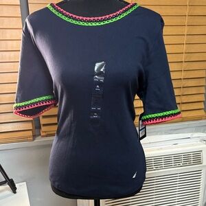 Nautica Navy Tee with Pink and Green Accents